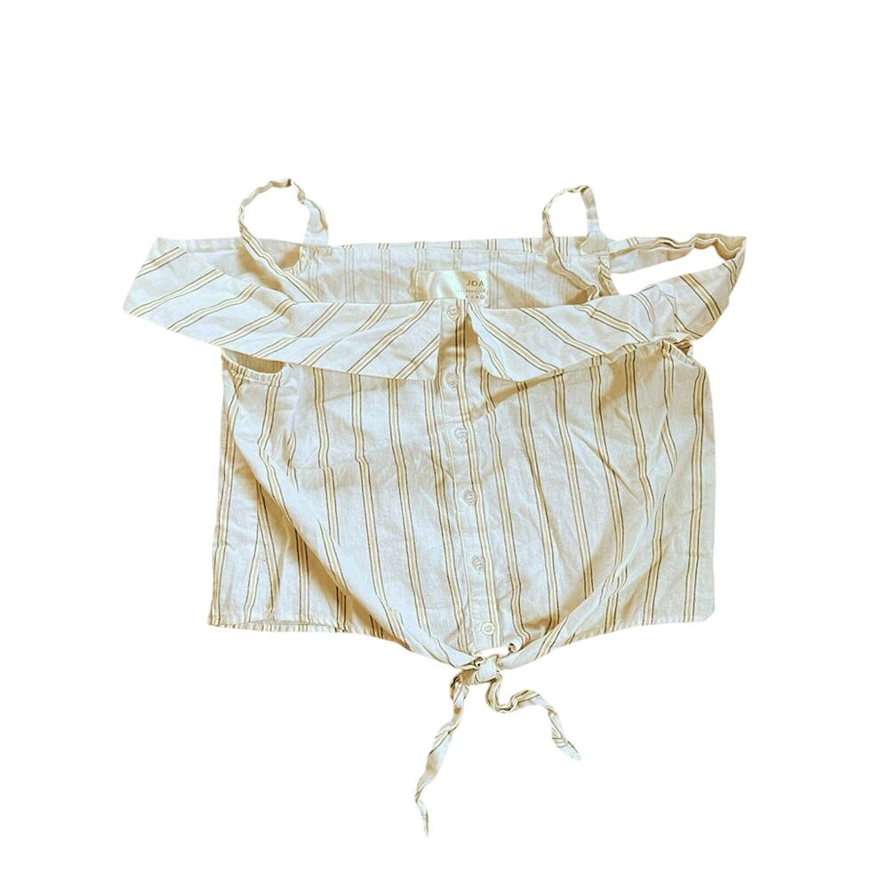 J.O.A. Striped Coastal Linen Blend Off Shoulder Crop Top | Women’s L